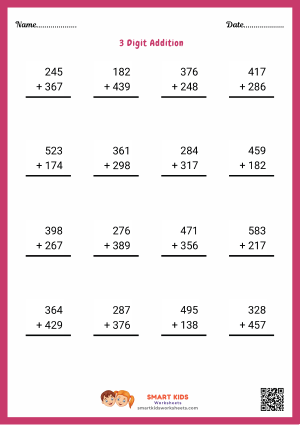 3 Digit Addition Kids Worksheets