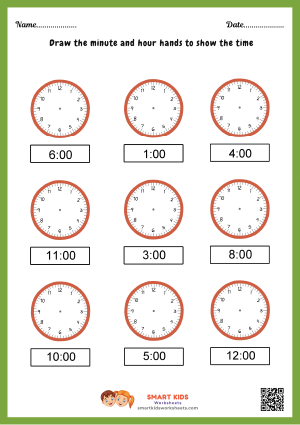 Draw The Minute And Hour Hands To Show The Time WorksheetDraw The Minute And Hour Hands To Show The Time Kids Worksheet