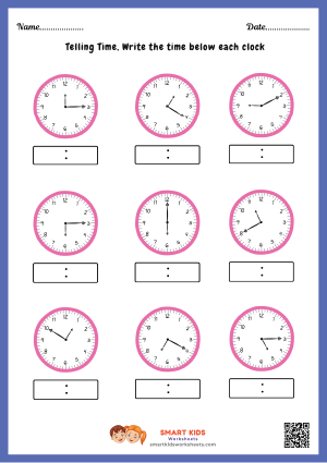 Telling Time Write The Time Below Each Clock Worksheet