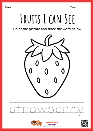 Free Printable Tracing and Colouring Strawberry Fruit Worksheets for Kids