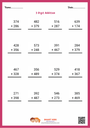 3 Digit Addition Worksheet for kids featuring easy math problems, number practice, and printable addition activities to build calculation skills and confidence.