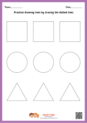 Printable shape and tracing worksheet for preschool and kindergarten kids to practice shapes, tracing, colouring, pencil control, and fine motor skills.