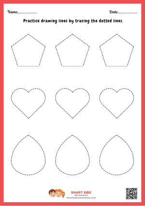 Printable shape and tracing worksheet for preschool and kindergarten kids to practise tracing, shapes, colouring, pencil control, and fine motor skills.
