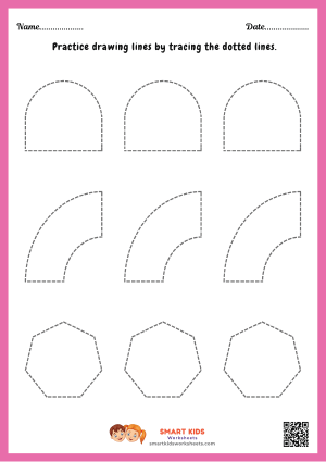 Printable shape and tracing worksheet for preschool and kindergarten kids to practise tracing, shapes, colouring, pencil control, and fine motor skills.