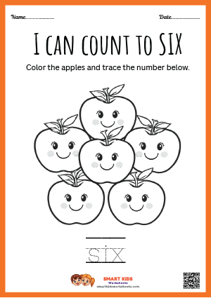 Printable six apples colouring worksheet for preschool and kindergarten kids to practise counting, colouring, creativity, and fine motor skills.