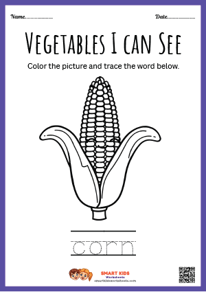 Printable corn colouring worksheet for preschool and kindergarten kids to practise colouring, creativity, pencil control, and fine motor skills.