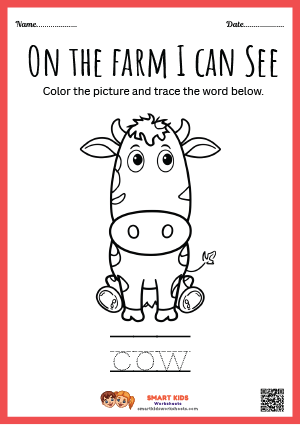 Printable colouring cow worksheets for preschool and kindergarten kids featuring farm animal shapes, fun colouring activities, and early learning practice.