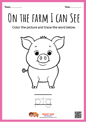 Printable colouring pig worksheets for preschool and kindergarten kids featuring farm animal shapes, creative colouring activities, and early learning practice.