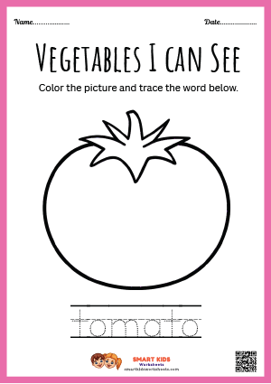 Printable tomato tracing and colouring worksheet for preschool and kindergarten kids to practise tracing, colouring, pencil control, and fine motor skills.